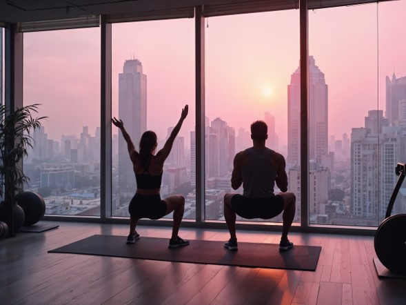 Two people doing functional squat training at sunrise in a high-rise studio overlooking a city skyline